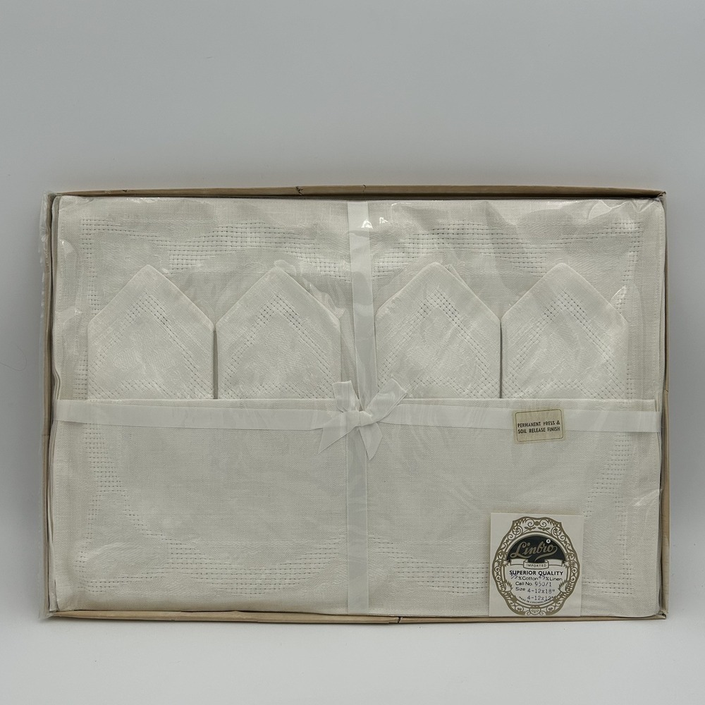 Vintage Linbro Linen/Cotton White Dinner 4-Dinner Napkins 4-Placemats New Sealed